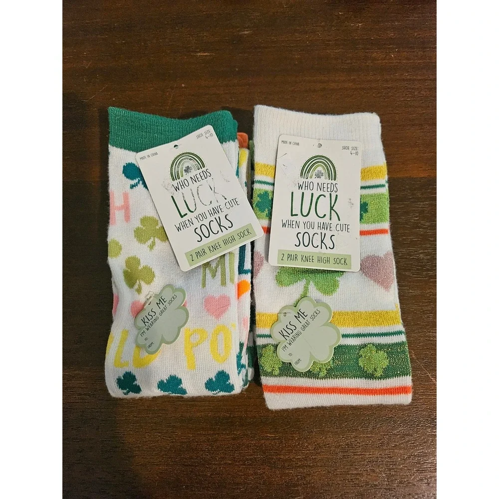 Who needs luck Knee High Socks Womens 4-10 St Patricks Day Shamrock 2 Pair Pack
